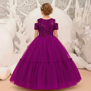 Vestido Morado de Boutique con Lentejuelas y Flores para Niña, Vestido de Terciopelo con Bordado de Manga Corta, Vestidos Morados para Cumpleaños de Niñas, Trajes Formales para Bodas y Fiestas - Product Image 2
