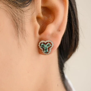 14K White Gold Roman Style for Trinity Emerald Halo Diamond Stud Earrings - Product Image 4