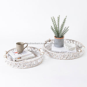 Nordic Adorable Style White Water Hyacinth Round Serving <b>Trays</b> with Handle Woven Simple <b>Decor</b> Nature Serving <b>Trays</b> - Product Image 5