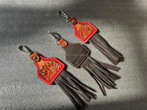New Real Handcrafted Genuine Color Tooled Leather Cute <b>Charming</b> Tassel <b>Keyrings</b> Hot Sale Western Style Modern Floral Key Fobs - Product Image 3