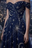 Robe de bal de luxe bleu marine simple avec broderie étoiles célestes, en tulle, coupe trompette/sirène, écologique, ornée de perles, pour soirée