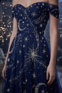 Vestido de Noche Azul Marino de Lujo con Hombros Descubiertos, Bordado de Luna y Estrellas Celestiales, Tul, Corte en A, para Mujer - Product Image 4