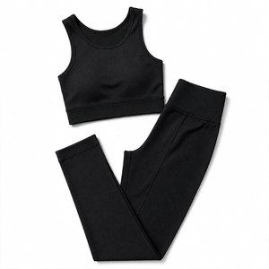 Ensemble de yoga 2 pièces pour femme, noir uni, legging taille haute, crop top dos nageur à col rond, longueur intégrale, côtelé, en Spandex et Polyester - Product Image 1