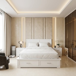 Modern Solid Wood <b>Queen</b> Storage <b>Bed</b> <b>Frame</b> with 2 Drawers Panel Headboard and Nightstands for Bedroom Set - Product Image 1