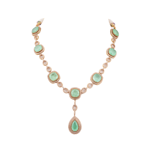Gajaah 925 <b>Silver</b> The Serene Cascade <b>Necklace</b>: A Contemporary Emerald & Polki Diamond <b>Necklace</b> <b>Set</b> with Pendant Drop - Product Image 3