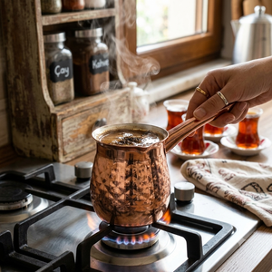 หม้อกาแฟตุรกีทรงเหลี่ยมแบบโมเดิร์น ทำจากทองแดง พร้อมฝาคริสตัล หูจับโลหะแบบเฉียง สำหรับเตาแก๊ส ยี่ห้อ Cezve Briki จากซัพพลายเออร์ - Product Image 5