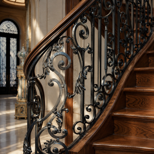 Rampe d'escalier incurvée en fer forgé noir de luxe, balustrade ornée avec main courante en bois pour la décoration de villas et de manoirs - Product Image 2