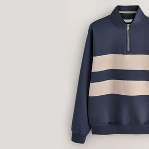 Suéter de punto para hombre, azul marino a rayas, con media cremallera, corte regular, cuello alto, informal, para otoño e invierno, manga larga, cálido - Product Image 6