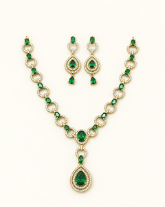 Oval <b>Link</b> Chain Necklace With Pear Drop Halo Pendant & Matching Earring Elegant American Diamond Jewelry Set for Women Wholesale - Product Image 1
