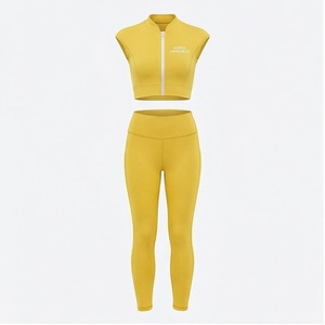 Ensemble de yoga 2 pièces North Approach jaune : Crop top sans manches et leggings taille haute longueur intégrale, sans couture, avec fermeture éclair frontale, couleur unie - Product Image 1