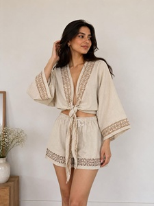 Boho Cotton Long Sleeve Floral Print V-neck Two Piece Set <b>Crop</b> Top Shorts Beige Resort Outfit Drawstring Closure Breathable Free - Product Image 1