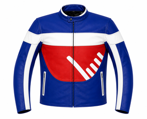 Blouson de moto en cuir AERO AFI unisexe, coloris bleu, blanc et rouge, coupe-vent, manches longues, pour la course printanière - Product Image 1