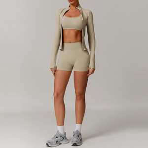 Wholesale Custom Logo Women 3 Piece Set Cross Back Bra Zip up <b>Jacket</b> Scrunch Butt Pants <b>Yoga</b> Fitness Seamless 3 Pcs Set - Product Image 5