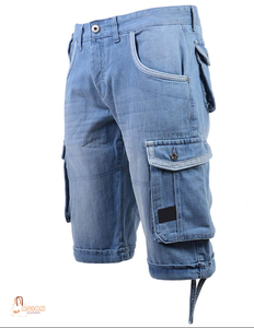 Shorts cargo en jean bleu clair pour homme, taille mi-haute, fermeture à cordon, style décontracté avec plusieurs poches, tissu en toile respirant - Product Image 6