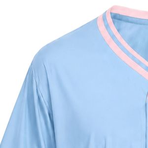 เสื้อเบสบอลผู้หญิงสีฟ้าอ่อนแบบสั่งทำพิเศษ พร้อมป้ายปัก แขนสั้น ติดกระดุมด้านหน้า คอวี แต่งขอบสีขาว ชุดลำลองสไตล์สปอร์ต - Product Image 4