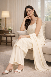 ชุดคุर्ตา ชาราร่า และผ้าคลุมไหล่ปักลายฟ็อกซ์ จอร์เจต์ ระบายอากาศได้ดี เหมาะสำหรับใส่ทำงานและงานเลี้ยง - Product Image 5