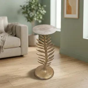 Table d'appoint moderne avec plateau rond en marbre et base en métal décorative en forme de feuille, meuble d'appoint de luxe pour la décoration du salon et de la chambre - Product Image 4