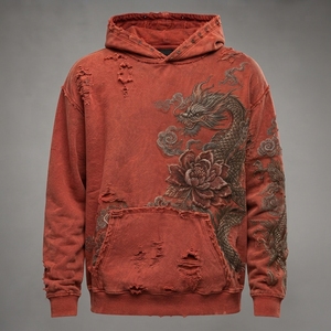 Sweat à capuche pour homme, broderie délavée, style vintage, tissu doux, décontracté, broderie détaillée - Product Image 1