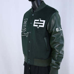 Custom Embroidery <b>Men's</b> Varsity <b>Jacket</b> PU Leather Sleeve Wool Letterman <b>Jacket</b> Vintage Streetwear Green <b>Baseball</b> Bomber Coat - Product Image 2