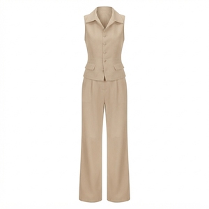 Women's Sleeveless <b>Blazer</b> <b>Set</b> With Turn-down Collar And Wide Leg Pants Loose Fit Spring Summer Minimalist Style - Product Image 2