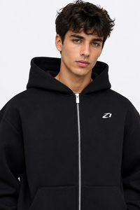 Sweat à capuche noir pour homme, en molleton de coton, coupe oversize, fermeture éclair intégrale, poche kangourou, couleur unie, style urbain, personnalisable avec logo, fabricant - Product Image 3