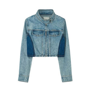 Chaqueta vaquera corta unisex OEM ODM, azul, con logo, cuello alto, botones, estilo locomotora, para hombre y mujer, venta al por mayor - Product Image 1