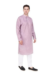 Kurta pour homme violet brodé, col mandarin, longueur genou, séchage rapide, en rayonne viscose, tenue ethnique pour mariage et fête - Product Image 2