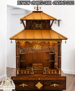 Temple de prière en bois massif Sri Ram Darbar pour la maison, grand modèle, finition noyer foncé, unité de prière ornée avec base et piliers sculptés en forme d'éléphant. - Product Image 3
