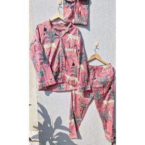 Women Cotton Pajama Set Tropical Safari Print Soft Breathable Night Suit Lounge Wear Pajama Set With Pouch Button <b>Down</b> Sleepwear - Product Image 1