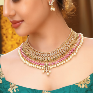 American Diamond Gold-Plated Brass Choker Necklace with Zircon and Pearl for Wedding - Product Image 3
