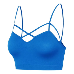 Women Workout Sports Bra Blue <b>Strappy</b> Crop <b>Top</b> Cross Front Athletic Activewear Custom Design OEM ODM Wholesale Supplier - Product Image 3