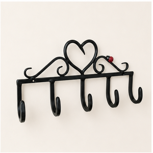 Decorative Wrought Iron Heart Shaped <b>Wall</b> Mounted Key Holder With 5 Hooks Rustic Black Metal Entryway Organizer <b>Rack</b> - Product Image 4
