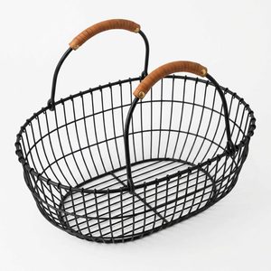 Handmade Metal Wire <b>Basket</b> 34 cm with Black Tan Leather Grips & Wrap Oval Market Home Decor Hotel Wedding <b>Table</b> - Product Image 3