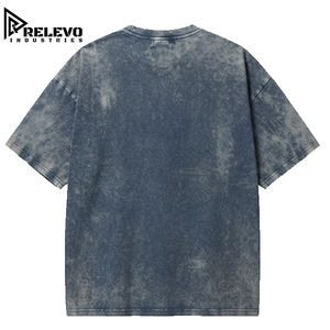เสื้อยืดโอเวอร์ไซส์ผู้ชายแบบฟอกสีสไตล์วินเทจ สีน้ำเงินเข้มฟอกแบบมิเนอรัล แขนสั้น ผ้าคอตตอนหนานุ่ม สวมใส่สบาย สไตล์สตรีทแวร์ - Product Image 3