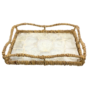 Bandeja rectangular de MDF hecha a mano con elegante incrustación de Capiz blanca y asas de jacinto de agua Bandeja decorativa de fibra natural para servir - Product Image 1