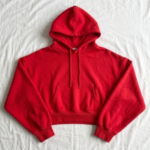 Womens 100% Cotton Crop Hoodie Solid Gray Pullover Cropped Sweatshirt with Kangaroo Pocket Drawstring Casual Autumn Top - Product Image 5
