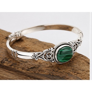 Malachite Silver Bangle <b>Bracelet</b>, 925 Sterling Silver Green Gemstone Bangle, Ornate <b>Boho</b> Jewelry, Statement <b>Bracelet</b> Gift for He - Product Image 1