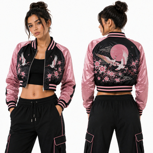 Custom Women's Winter Varsity Crop Jackets Woven Breathable <b>Canvas</b> <b>Plain</b> Dyed Button Raw Cotton Lining Customized Colors Sizes - Product Image 2