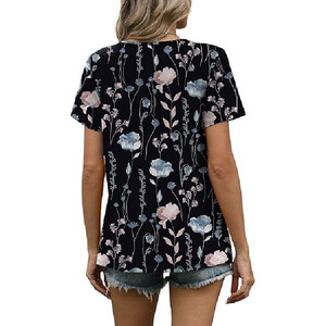 Camiseta Floral Personalizada OEM para Mujer, Cuello Redondo, Manga Corta Plisada, Blusa Casual Transpirable de Verano para Dama, Venta al por Mayor - Product Image 2
