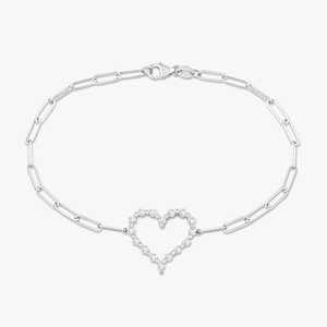Pulsera de Oro Sólido de 14k y 18k con Corazón Abierto y Diamantes Redondos, Engaste de Garras, Minimalista, para Uso Diario, Delicada, con Cadena Tipo Paperclip - Product Image 2