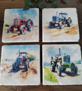 Sous-verres rustiques en marbre style ferme, ensemble de sous-verres vintage tracteur, accessoires de table - Product Image 1