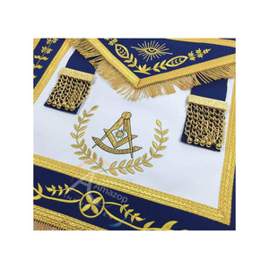 Tablier de Maître Ancien de la Loge Bleue, en satin brodé blanc et bleu roi, avec ceinture réglable, fabricant OEM - Product Image 2