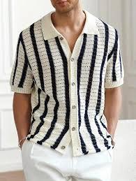 Camisa de punto de ganchillo premium para hombre, estilo retro con rayas verticales, polo de punto con botones, ropa de verano transpirable de malla abierta - Product Image 3