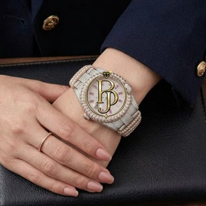 Montre-bracelet de luxe Briva avec diamants, boîtier en acier inoxydable, mouvement à quartz, lunette à pierres précieuses alternées, verre, index des heures roses, couronne bleue, étanchéité 10 bars - Product Image 2