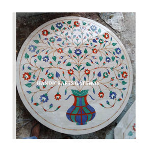 Beautiful Handmade Natural <b>White</b> Marble Inlay <b>Table</b> Top <b>Round</b> Shape Flower Design Glossy Surface Use For Restaurant Dining <b>Table</b> - Product Image 4