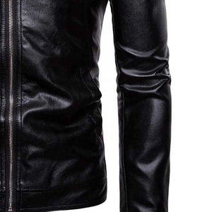 Chaqueta de Cuero PU para Hombre, Corte Ajustado, Cuello Alto, Cierre de Cremallera, Estilo Motero, Otoño 2026, Largo Regular, Color Negro Sólido - Product Image 5