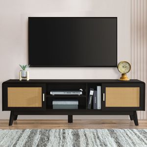 63 "Dark Rattan TV Stand 2 armadi 65 pollici TV centro intrattenimento in legno massiccio gambe Media Console da tavolo per soggiorno - Product Image 1