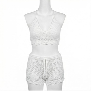 <b>White</b> Crocheted 2 Piece Bikini Set Halter Top With <b>Lace</b> Shorts Women Beachwear Handmade Cotton Breathable Swimwear - Product Image 1