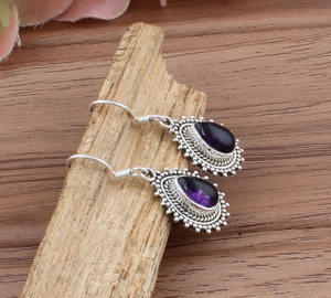 Amethyst Gemstone Cabochon Drop <b>Earring</b> 925 Sterling <b>Silver</b> Handmade Vintage Luxury <b>Wedding</b> Jewelry Anniversary Party - Product Image 3
