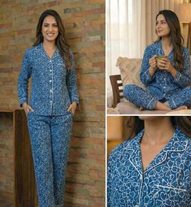 Conjunto de Pijama Floral de Algodón Índigo Tejido Térmicamente para Mujer, Ropa de Dormir de Dos Piezas con Diseño a Mano, Venta al Por Mayor en India - Product Image 4